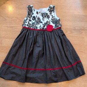 Elegant Kids Party Dress with Floral Pattern and Red Trim